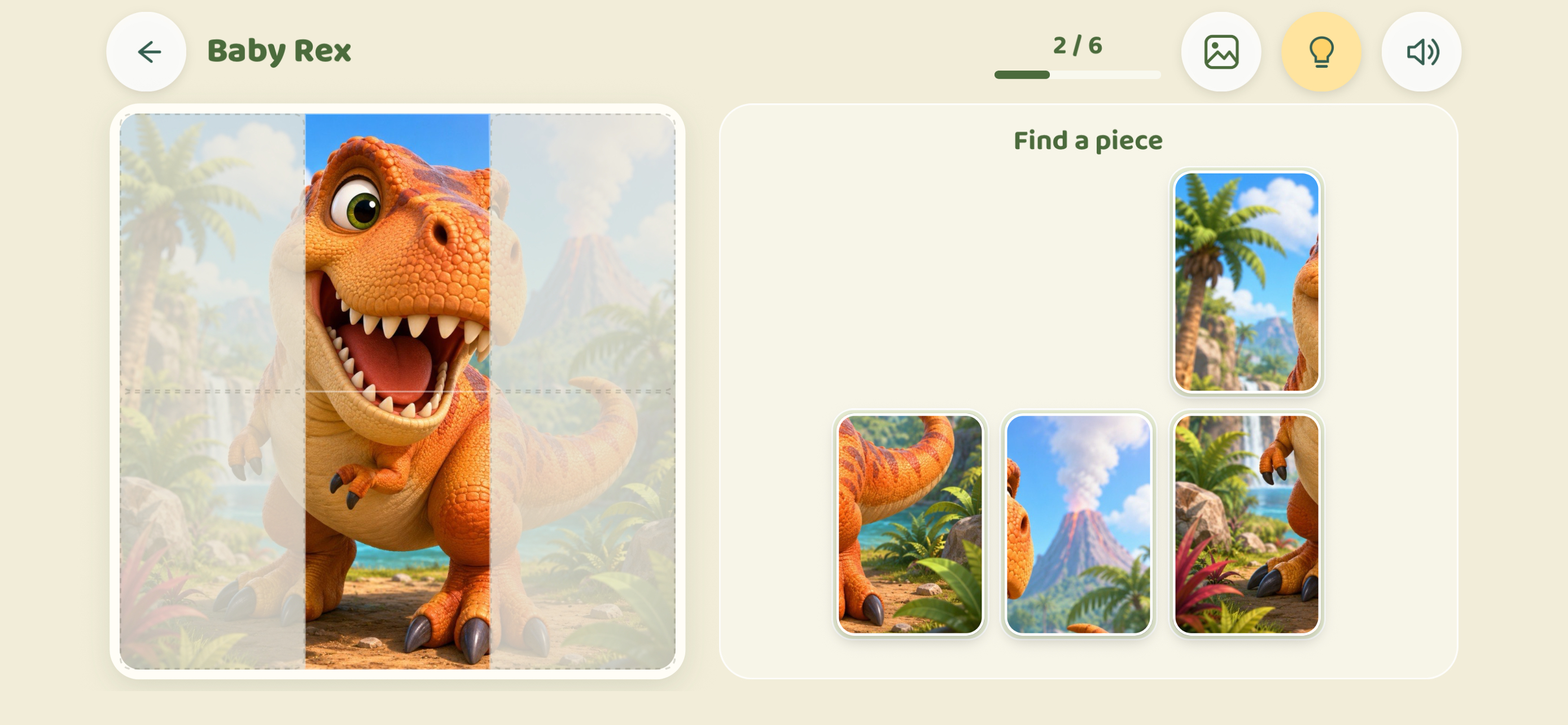 Baby Rex dinosaur puzzle with picture pieces to choose from