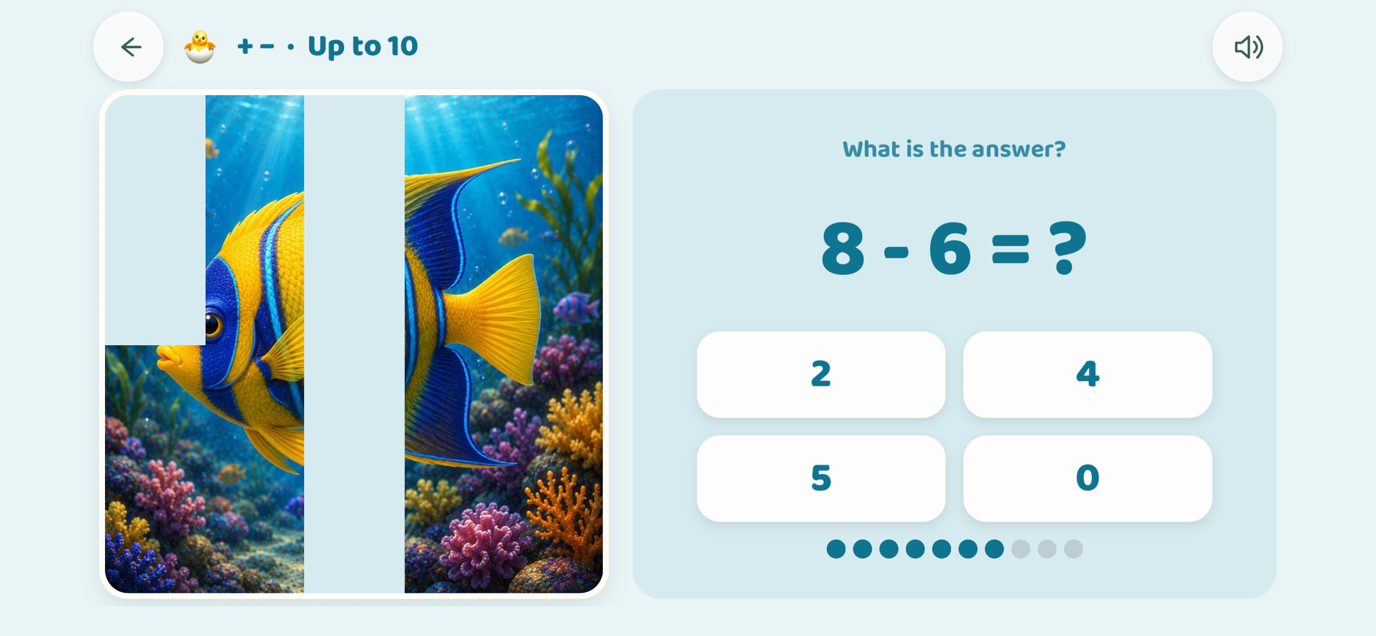 Subtraction activity with a tropical fish picture and multiple-choice answers